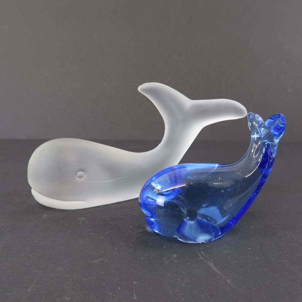 European Collection Frosted 24% Lead Crystal Whale & Blue Glass Figurine lot